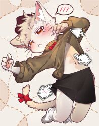  1boy :&lt; animal_ear_fluff animal_ears black_hat black_shorts bow cat_boy cat_ears cat_tail cursor embarrassed fangs fewer_digits furry furry_male hat highres male_focus navel original pawpads popokachip red_bow ribbon shorts shota socks solo spoken_blush stomach sweater tail tail_ornament tail_ribbon tearing_up turtleneck turtleneck_sweater whiskers white_socks 