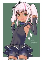  1girl arrow_(symbol) black_one-piece_swimsuit black_ribbon blush bodysuit breasts comandante_cappellini_(kancolle) covered_erect_nipples dark-skinned_female dark_skin diving_suit green_eyes hair_ribbon kantai_collection loli multicolored_hair one-piece_swimsuit open_mouth pink_hair ribbon ribs small_breasts solo streaked_hair sun_fle swimsuit twintails two-tone_background wetsuit 