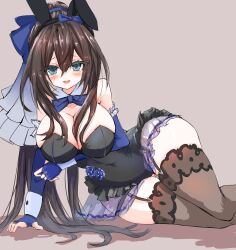  1girl animal_ears aqua_eyes arm_support arm_under_breasts assault_lily bare_shoulders black_hairband black_leotard blue_bow blue_bowtie blue_flower blue_gloves blue_rose blush bow bowtie breasts brown_background brown_thighhighs cleavage commentary_request covered_erect_nipples detached_collar elbow_gloves fake_animal_ears feet_out_of_frame fingerless_gloves flower frilled_leotard frills garter_straps gloves gradient_bow grey_bow hair_between_eyes hair_bow hairband hand_up high_ponytail highres leotard long_bangs long_hair looking_at_viewer neni_hatahachi official_alternate_costume parted_lips playboy_bunny ponytail rabbit_ears raised_eyebrows rose see-through serizawa_chikaru shadow sidelocks simple_background sitting smile solo strapless strapless_leotard teeth thigh_gap thighhighs two-tone_bow upper_teeth_only very_long_hair wide_hips 