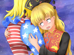 2girls american_flag american_flag_legwear ass ass_grab blonde_hair blush breasts chinese_clothes clownpiece deep_skin drooling fantuan_xie from_behind hat highres huge_ass junko_(touhou) long_hair multiple_girls open_mouth pantyhose red_eyes shiny_clothes touhou rating:Questionable score:16 user:armorcrystal