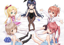  5girls :3 :d absurdres ahoge animal_ears arm_support artist_name bare_shoulders barefoot black_hair black_legwear black_leotard black_neckwear blonde_hair blue_eyes blue_skirt blush bow bowtie breasts brown_eyes brown_hair cheerleader cleavage closed_mouth collarbone collared_shirt covered_navel dated detached_collar fake_animal_ears fang feet flower frilled_sleeves frills full_body garter_straps gloves gluteal_fold green_eyes hair_between_eyes hair_bow hair_flower hair_ornament hand_up heart highres himesaka_noa hoshino_hinata k.t.cube konomori_kanon leotard long_hair long_sleeves looking_at_viewer looking_back magical_girl multiple_girls necktie no_shoes open_mouth outstretched_arms pantyhose pink_bow pink_flower pink_skirt playboy_bunny pom_pom_(cheerleading) ponytail purple_neckwear rabbit_ears red_bow red_eyes red_hair shirosaki_hana shirt short_hair short_sleeves side_ponytail signature simple_background sitting skirt sleeveless sleeveless_shirt smile strapless strapless_leotard suspenders tanemura_koyori thighband_pantyhose thighhighs toes traditional_bowtie twintails v very_long_hair watashi_ni_tenshi_ga_maiorita! white_background white_gloves white_legwear white_shirt wrist_cuffs x_hair_ornament zettai_ryouiki  rating:Sensitive score:32 user:danbooru
