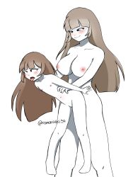  2girls anatomy_of_a_gamer_(meme) breasts brown_hair child_gf_(orenji) collarbone colored_skin completely_nude feet futa_with_female futanari large_breasts legs loli multiple_girls navel nipples no_shoes nude pussy selfcest sex size_difference standing thighs tongue tongue_out white_background white_skin yuri 