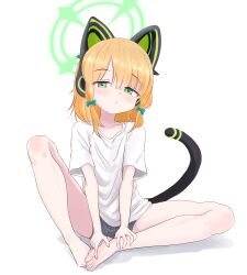  1girl :&lt; absurdres animal_ear_headphones animal_ears ass2 barefoot blonde_hair blue_archive bow cat_ear_headphones closed_mouth fake_animal_ears fake_tail feet full_body green_eyes green_halo hair_between_eyes hair_bow halo hands_on_feet headphones highres looking_at_viewer midori_(blue_archive) shirt short_sleeves simple_background sitting solo tail toes white_background white_shirt wide_sleeves  rating:Sensitive score:8 user:danbooru