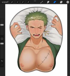  1boy art_program_in_frame bara breast_mousepad from_above frown green_hair highres japanese_clothes kimono large_pectorals lying male_focus mousepad mousepad_(medium) nipples on_back one_piece open_clothes open_kimono pectorals roronoa_zoro short_hair solo terufong 