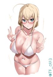  1girl ahoge alternate_costume bikini blonde_hair blue_eyes blush breasts cleavage cowboy_shot double_v glasses highres i-8_(kancolle) kantai_collection large_breasts looking_at_viewer navel one-hour_drawing_challenge red-framed_eyewear short_hair simple_background smile solo swimsuit tf_cafe twintails twitter_username v white_background white_bikini 