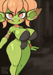  1girl breasts cleavage colored_skin earrings female_goblin goblin gramdraw green_skin jewelry large_breasts leotard long_ears neck_ring pointy_ears smile solo thick_thighs thighs wide_hips 