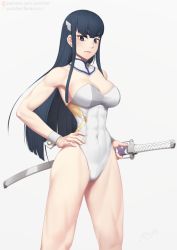 1girl alternate_costume bare_shoulders black_eyes black_hair blush breasts cleavage covered_erect_nipples detached_collar epaulettes hand_on_own_hip katana kill_la_kill kiryuuin_satsuki large_breasts leotard looking_at_viewer muscular muscular_female narrow_waist putcher solo sword thighs weapon white_background wrist_cuffs rating:Questionable score:66 user:twilight_jester