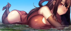  ass bikini breasts brown_hair city colored_skin copyright_request destruction giant giantess large_breasts lying red_bikini red_eyes swimsuit thighhighs white_skin  rating:Sensitive score:17 user:danbooru