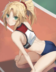  1girl ass bare_shoulders blonde_hair blush braid breasts buruma fate/apocrypha fate_(series) green_eyes hair_ornament hair_scrunchie highres long_hair looking_at_viewer mordred_(fate) parted_bangs ponytail scrunchie sidelocks small_breasts smile solo sports_bra tonee 