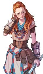  1girl aloy_(horizon) blue_scarf braid commentary_request cowboy_shot fingernails flat_chest forehead freckles holding holding_polearm holding_spear holding_weapon horizon_(video_game) horizon_zero_dawn jyolin_manula korean_commentary lips long_hair looking_to_the_side multiple_braids multiple_necklaces nose orange_hair pink_lips polearm pouch scarf sidelighting solo spear thick_eyebrows tribal vambraces weapon white_background  rating:Sensitive score:28 user:danbooru