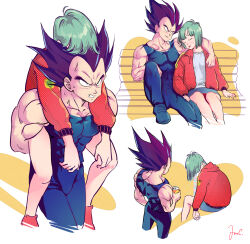  1boy 1girl amachu_a aqua_hair arm_around_neck beer_can bench blue_footwear bulma can carrying closed_eyes commentary_request covered_abs dragon_ball dragonball_z drink_can drunk highres holding holding_can jacket miniskirt muscular muscular_male pectorals piggyback purple_hair red_jacket shoes sitting skirt sleeping sneakers sweat vegeta widow&#039;s_peak 