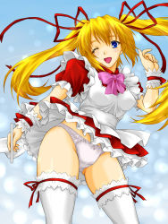  1girl ;d alice_(marchen_maze) apron blonde_hair blue_eyes blush bow bow_panties bowtie breasts cloud day dress frilled_thighhighs frills hair_ribbon highres holding kattsan_(ninjaform00) lace lace-trimmed_panties lace_trim leg_ribbon looking_at_viewer marchen_maze one_eye_closed open_mouth outdoors panties red_dress ribbon short_dress sky smile solo standing thigh_ribbon thighhighs twintails underwear white_panties white_thighhighs wind wind_lift wristband 