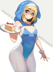  1boy absurdres androgynous animal_ears ass blonde_hair blue_eyes blue_leotard bridget_(guilty_gear) bulge cake covered_navel crossdressing curvy food guilty_gear happy_birthday highleg highleg_leotard highres leotard looking_at_viewer male_focus narrow_waist nontraditional_playboy_bunny pantyhose playboy_bunny rabbit_ears shiny_clothes smile solo strapless strapless_leotard thighs trap tray white_pantyhose wide_hips wrist_cuffs  rating:Sensitive score:160 user:Mr.Randum