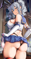 1girl 2023 artist_name ass belko blue_eyes blue_sailor_collar blue_skirt blush bottle breasts butt_crack closed_mouth condom cosplay crop_top dated elbow_gloves electric_fan gloves grey_hair highres holding holding_condom huge_ass kantai_collection kashima_(kancolle) large_breasts licking_lips looking_at_viewer looking_back microskirt night night_sky panties rabbit_ears sailor_collar school_uniform serafuku shimakaze_(kancolle)_(cosplay) shirt sideboob skindentation skirt sky smile solo striped_clothes striped_thighhighs sweat sweat_stain thick_thighs thighhighs thighs thong tongue tongue_out twintails underwear used_condom water_bottle white_gloves white_shirt window rating:Questionable score:130 user:Groveman
