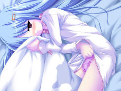  bed_sheet blue_hair blush diaper loli lying on_bed peeing peeing_self  rating:Questionable score:19 user:WaterCube
