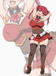  1girl :d armpits arms_behind_head belt black_hair blush boots breasts covered_erect_nipples covered_navel fang heterochromia high_heels highres hololive houshou_marine kani_club large_breasts long_hair open_mouth pleated_skirt red_eyes red_hair skirt sleeveless smile sweat twintails virtual_youtuber yellow_eyes zoom_layer 