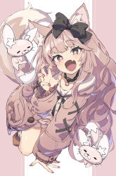  1girl :d absurdres all_fours animal_ears black_hairband borrowed_character brown_eyes claw_pose coat collar fang fox_ears fox_girl fox_tail full_body hairband highres light_brown_hair long_hair long_sleeves looking_at_viewer open_clothes open_coat open_mouth original sailor_collar sailor_shirt shirt smile tail ushiki_yoshitaka 