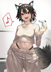  1girl ahoge animal_ears black_hair breasts cat_ears cat_girl cat_tail commentary_request contrapposto controller cowboy_shot cropped_shirt double-parted_bangs drawstring eighth_note fangs game_controller hair_between_eyes hair_ribbon hand_in_pocket highleg highleg_panties highres holding holding_controller holding_game_controller long_sleeves looking_at_viewer medium_breasts midriff multicolored_hair musical_note nakanishi_tatsuya navel open_mouth original panties pants panty_straps red_eyes red_hair ribbon shirt short_hair slit_pupils smile solo spoken_musical_note standing streaked_hair sweatpants tail teeth underwear upper_teeth_only white_pants white_ribbon white_shirt 