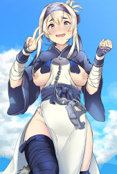 10s 1girl :d ainu ainu_clothes anchor arm_warmers arm_wrap bandaged_arm bandages bandana between_breasts blonde_hair blue_bow blue_eyes blue_hairband blue_sky blue_thighhighs boots bow breasts breasts_apart chain clenched_hand cloud cloudy_sky cowboy_shot cropped_jacket day dress fingernails folded_ponytail fundoshi groin hair_between_eyes hairband hands_up headband highres japanese_clothes kamoi_(kancolle) kantai_collection leg_wrap long_hair long_sleeves looking_at_viewer medium_breasts nail_polish nipples okamen open_mouth outdoors pelvic_curtain pink_nails puffy_nipples round_teeth short_sleeves sidelocks sky sleeveless sleeveless_dress smile solo standing teeth thick_eyebrows thigh_boots thigh_bow thighhighs upper_teeth_only v white_hair wrist_guards rating:Questionable score:16 user:danbooru