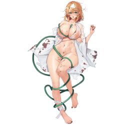 1girl :o aqua_eyes areola_slip arm_under_breasts bandaged_ankle barefoot between_breasts black_nails blonde_hair blood blood_on_breasts blood_on_clothes blood_on_leg bloody_tears blush breasts cleavage collarbone entangled fake_blood feet fingernails frost_serpent_(last_origin) full_body ghost_costume hair_intakes halloween halloween_costume highres hose huge_breasts injury japanese_clothes kimono knees_together_feet_apart last_origin leg_up legs linea_alba looking_at_viewer loose_bandages nail_polish naked_kimono navel nipples official_alternate_costume official_art open_clothes open_kimono open_mouth see-through_kimono sharp_fingernails shiroshouzoku short_hair short_kimono simple_background solo tachi-e third-party_source toenail_polish toenails toes torn_clothes torn_kimono transparent_background triangular_headpiece tunamayo_(dsasd751) water water_pump wet wet_clothes wet_kimono white_kimono wide_sleeves 