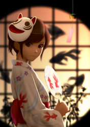  1girl absurdres brown_eyes brown_hair fish fox_mask from_side goldfish hand_fan highres japanese_clothes kimono looking_at_viewer mask original paper_fan round_window siraha solo uchiwa upper_body wind_chime window yukata  rating:Sensitive score:18 user:danbooru