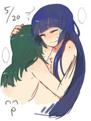 10s 2girls ^^^ alternate_hairstyle aoki_reika bad_id bad_pixiv_id blue_hair blush closed_eyes completely_nude couple dated green_hair hair_down hand_on_another&#039;s_head hug kiss midorikawa_nao multiple_girls nude precure simple_background smile_precure! sweat tears upper_body white_background yomosaka yuri rating:Questionable score:18 user:danbooru
