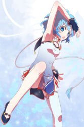  1girl arm_up armpits blue_background blue_dress blue_eyes blue_footwear blue_gloves blue_hair breasts china_dress chinese_clothes clothing_cutout commentary dorothy_west dress english_commentary fingerless_gloves foot_out_of_frame gloves highres looking_at_viewer open_mouth pretty_series pripara ruru_ashihara shoes short_dress short_hair side_slit single_thighhigh small_breasts solo standing standing_on_one_leg thighhighs white_thighhighs 