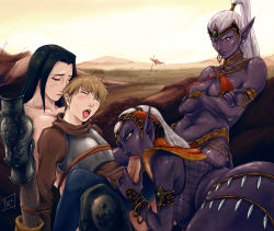  1boy 3girls age_difference black_hair breasts cirith_(kuf) cleavage clothed_sex colored_skin crossed_arms dark_elf day elf ellen_(kuf) erection fellatio highres interspecies kingdom_under_fire long_hair long_pointy_ears lucretia_(kuf) medium_breasts midriff multiple_girls navel oral outdoors penis pointy_ears purple_skin rennes thomas_(kuf) veins veiny_penis white_hair 