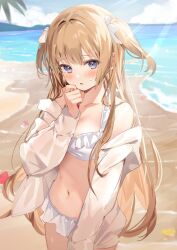  1girl beach bikini blonde_hair blue_eyes blue_sky blurry blush breasts cloud collarbone commentary_request cowboy_shot day depth_of_field frilled_bikini frills hair_ribbon hand_up highres kanda_done long_hair long_sleeves looking_at_viewer mountainous_horizon navel ocean off_shoulder open_clothes open_mouth open_shirt original outdoors ribbon sand shirt sky small_breasts smile solo standing stomach sweat swimsuit two_side_up very_long_hair water white_bikini white_ribbon white_shirt  rating:Sensitive score:8 user:danbooru