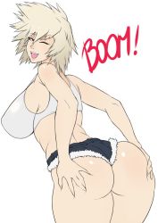 1girl ;d ass ass_grab bakugou_mitsuki blonde_hair blush boku_no_hero_academia breasts crop_top curvy denim denim_shorts from_behind grabbing_own_ass hair_ornament huge_ass huge_breasts looking_at_viewer looking_back mkonstantinov one_eye_closed open_mouth red_eyes short_hair short_shorts shorts sideboob simple_background smile solo thighs white_background rating:Questionable score:74 user:danbooru
