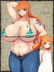  2girls areola_slip bikini breasts covered_erect_nipples highres huge_breasts midriff multiple_girls nami_(one_piece) naughty_face one_piece orange_hair pubic_hair small_breasts swimsuit tongue tongue_out twintails wlcmt aged_down  rating:Questionable score:68 user:Vardigiil