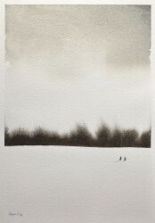  2others bare_tree field grey_sky highres horizon mouen_tw multiple_others night night_sky original painting_(medium) pond scenery sky traditional_media tree water watercolor_(medium) white_background 