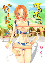  1boy 1girl absurdres bangle bikini bracelet breasts covering_privates highres himerinco jewelry large_breasts log_pose monkey_d._luffy nami_(one_piece) navel necklace o-ring o-ring_top one_piece one_piece:_strong_world open_mouth orange_hair sandals short_hair side-tie_bikini_bottom surprised swimsuit tattoo thigh_gap thighs translated untied wardrobe_malfunction  rating:Questionable score:56 user:danbooru