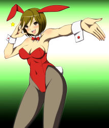  1girl animal_ears arm_up armpits bare_shoulders bow bowtie breasts brown_eyes brown_hair cameltoe cleavage covered_erect_nipples covered_navel detached_collar fake_animal_ears female_focus foreshortening green_background happy large_breasts legs leotard looking_at_viewer m/ meiko_(vocaloid) nail_polish nana. nanaki_nana open_mouth outstretched_arm pantyhose playboy_bunny rabbit_ears rabbit_tail short_hair smile solo standing star_(symbol) tail teeth vocaloid 