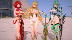 3d 3girls angry armor blonde_hair boots breasts building concrete custom_maid_3d_2 elbow_gloves gem gloves green_eyes green_hair highres holding holding_sword holding_weapon jewelry large_breasts long_hair looking_at_viewer multiple_girls mythra_(xenoblade) nervous nintendo nipples nude panties plant planted planted_sword planted_weapon pneuma_(xenoblade) ponytail pyra_(xenoblade) red_eyes red_hair shoulder_armor shy spoilers standing staring swept_bangs sword thigh_strap thighhighs triple_persona tyrving underwear very_long_hair weapon window xeno_(series) xenoblade_chronicles_(series) xenoblade_chronicles_2 yellow_eyes rating:Explicit score:28 user:darkmetaknight9