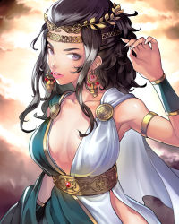  1girl arm_guards armlet armpits bare_shoulders belt black_hair breasts brooch cleavage collarbone earrings gem half_updo headpiece jewelry jikuu_no_umi_no_historica juuden light_smile lips lots_of_jewelry parted_lips pelvic_curtain side_slit sidelocks solo tiara traditional_clothes underbust upper_body 
