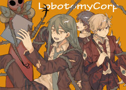 3boys apple blonde_hair blue_hair clipboard collared_shirt e.g.o_(project_moon) employee_(project_moon) food fruit green_hair green_necktie grey_eyes highres huabudong lobotomy_corporation long_hair multiple_boys necktie netzach_(project_moon) object_head open_mouth plant project_moon shirt simple_background snow_white&#039;s_apple thorns vines yellow_background yellow_eyes 