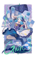 1girl absurdres arm_behind_head black_bow black_dress black_footwear black_gloves bow character_name checkered_clothes dress dress_bow drill_hair gloves green_hair grey_dress gwen_(league_of_legends) hair_bow hair_ornament hand_up highres league_of_legends long_hair looking_at_viewer multicolored_background pi_pi_ren smile solo twin_drills twintails x_hair_ornament rating:Sensitive score:2 user:danbooru
