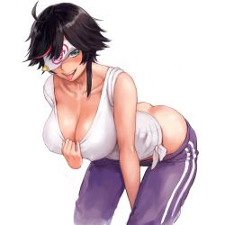 1girl ahoge ass bare_arms bare_shoulders bent_over black_hair blue_eyes blush breasts cleavage collarbone commentary_request covered_erect_nipples covering_own_eyes curvy hanging_breasts hip_focus huge_ass indie_virtual_youtuber large_breasts leaning_forward looking_at_viewer minori_yumeko multicolored_hair ofuda one_eye_covered open_mouth pants purple_pants shirt short_hair shu-mai simple_background smile solo standing streaked_hair tank_top thighs tongue tongue_out track_pants virtual_youtuber white_background white_shirt rating:Questionable score:54 user:danbooru