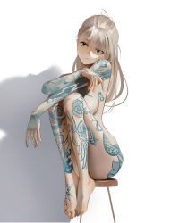  1girl absurdres arm_on_knee black_eyes blonde_hair breasts chair closed_mouth completely_nude head_tilt highres knees_up long_hair mawaw medium_breasts mole nude original serious shadow sitting solo tattoo  rating:Questionable score:10 user:Hyozen