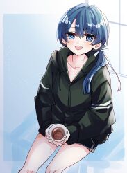  1girl :d absurdres black_jacket black_shorts blue_background blue_eyes blue_hair borrowed_clothes collarbone commentary_request cowboy_shot cup dark_blue_hair hair_ribbon hickey highres holding holding_cup hood hooded_jacket jacket kanduki_kamibukuro light_blush link!_like!_love_live! long_hair long_sleeves looking_at_viewer love_live! low_twintails mole mole_on_neck murano_sayaka open_mouth ribbon shorts sitting smile solo tea twintails virtual_youtuber white_ribbon  rating:Sensitive score:1 user:danbooru