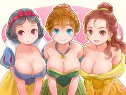 3girls :d :o alternate_breast_size animification anna_(frozen) beauty_and_the_beast belle_(disney) black_hair blue_eyes blush bow bow_hairband braid breasts brown_eyes brown_hair cleavage commentary_request disney dress earrings elbow_gloves frozen_(disney) gloves hairband himeshaga jewelry large_breasts leaning_forward long_hair multiple_girls off-shoulder_dress off_shoulder open_mouth orange_hair puffy_sleeves red_eyes short_hair short_sleeves smile snow_white_(disney) snow_white_and_the_seven_dwarfs rating:Sensitive score:194 user:danbooru