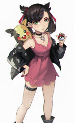  1girl absurdres aqua_eyes asymmetrical_bangs asymmetrical_hair bare_shoulders black_choker black_hair black_jacket black_nails blush breasts choker collarbone commentary_request creatures_(company) dress earrings game_freak gen_8_pokemon hair_ribbon highres holding holding_poke_ball jacket jewelry jorinz long_hair long_sleeves looking_at_viewer marnie_(pokemon) morpeko morpeko_(full) nintendo off_shoulder on_shoulder open_clothes photoshop_(medium) pink_dress poke_ball poke_ball_(basic) pokemon pokemon_(creature) pokemon_on_shoulder pokemon_swsh red_ribbon revision ribbon simple_background small_breasts twintails white_background 