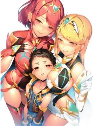  1boy 2girls bare_legs bare_shoulders black_gloves blonde_hair blush breasts chest_jewel cleavage cleavage_cutout clothing_cutout detached_leggings dress earrings elbow_gloves fingerless_gloves girl_sandwich gloves jewelry large_breasts long_hair matching_hair/eyes multiple_girls mythra_(xenoblade) nintendo pyra_(xenoblade) red_eyes red_hair red_legwear red_shorts rex_(xenoblade) ryuji_(ikeriu) sandwiched short_dress short_hair short_shorts shorts smile swept_bangs thigh_strap thighhighs tiara white_dress white_gloves xenoblade_chronicles_(series) xenoblade_chronicles_2 yellow_eyes  rating:Sensitive score:43 user:chupadana