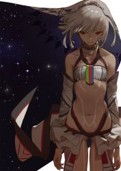  1girl altera_(fate) arms_at_sides bare_shoulders breasts dark_skin dark-skinned_female detached_sleeves expressionless fate/grand_order fate_(series) full-body_tattoo highres midriff nanbo_ataru_(attall) navel red_eyes short_hair simple_background small_breasts solo standing stomach tattoo veil white_background white_hair  rating:Sensitive score:35 user:danbooru