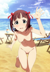 1girl akai_toshifumi amami_haruka arm_up barefoot beach blush breasts brown_hair chair cleft_of_venus cloud drink feet green_eyes hair_ribbon highres idolmaster idolmaster_(classic) legs lounge_chair navel nipples nude nude_filter nudist ocean open_mouth pussy ribbon sand short_hair sky small_breasts solo table third-party_edit toes uncensored water rating:Explicit score:79 user:sytalidis