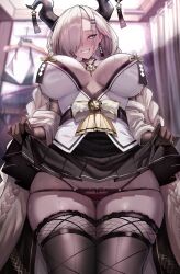  1girl absurdres azur_lane black_skirt blonde_hair blush braid breasts breasts_apart brown_gloves brown_horns brown_thighhighs commentary earrings fishnet_gloves fishnets flashing gloves grin hair_ornament hair_over_one_eye hairpin highres horns indoors jewelry jihua_tong large_breasts large_horns long_hair long_sleeves low_twin_braids miniskirt mole mole_under_mouth multi-strapped_panties owari_(azur_lane) panties pleated_skirt red_panties skindentation skirt smile solo thighhighs twin_braids underwear very_long_hair wet yellow_eyes 