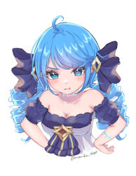 1girl ahoge artist_name black_bow black_sleeves blue_hair blush bow breasts cleavage collarbone cropped_torso detached_sleeves dress drill_hair green_eyes grey_background gwen_(league_of_legends) hair_bow highres large_breasts league_of_legends long_hair momikodayo pout shiny_skin simple_background solo strapless strapless_dress twin_drills twintails white_background rating:Sensitive score:14 user:danbooru