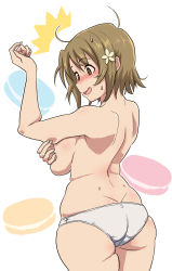 1girl :o ass back bare_back blush breast_hold breasts covering_privates covering_breasts curvy dimples_of_venus from_behind full_body hair_ornament highres idolmaster idolmaster_cinderella_girls kezune_(i-_-i) large_breasts mimura_kanako open_mouth panties pinching plump short_hair skindentation sweat underwear weight_conscious rating:Questionable score:40 user:danbooru