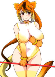  1girl alternate_breast_size animal_ears blonde_hair blush bodypaint breasts brown_eyes brown_hair circlet closed_mouth golden_snub-nosed_monkey_(kemono_friends) gradient_hair groin hand_up highres holding holding_polearm holding_weapon isna_(footprintsofisna) jewelry kemono_friends large_breasts long_hair looking_at_viewer monkey_ears monkey_girl monkey_tail multicolored_hair naked_paint navel nipples nude orange_hair painted_clothes polearm smile solo stomach straight-on tail unaligned_breasts very_long_hair weapon white_hair wrist_wings 